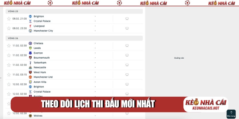 Theo dõi lịch thi đấu mới nhất